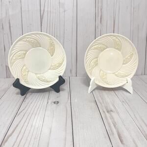 Vintage Cream Porcelain Belleek Ireland Lotus Swirl Saucers Celtic Design Set 2